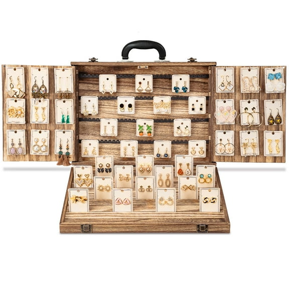 Earring Display for Selling, Portable Wood Jewelry Display Case, Large Capacity Jewelry Display for Selling, Earring Card Holder Organizer with Lock for Earrings, Bracelets, Necklaces
