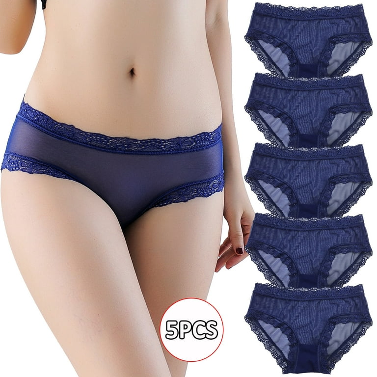 QIPOPIQ Underwear for Women Plus Size 5PCS Fashion Sexy Lace Mesh Low Waist  Solid Color Under Panties 