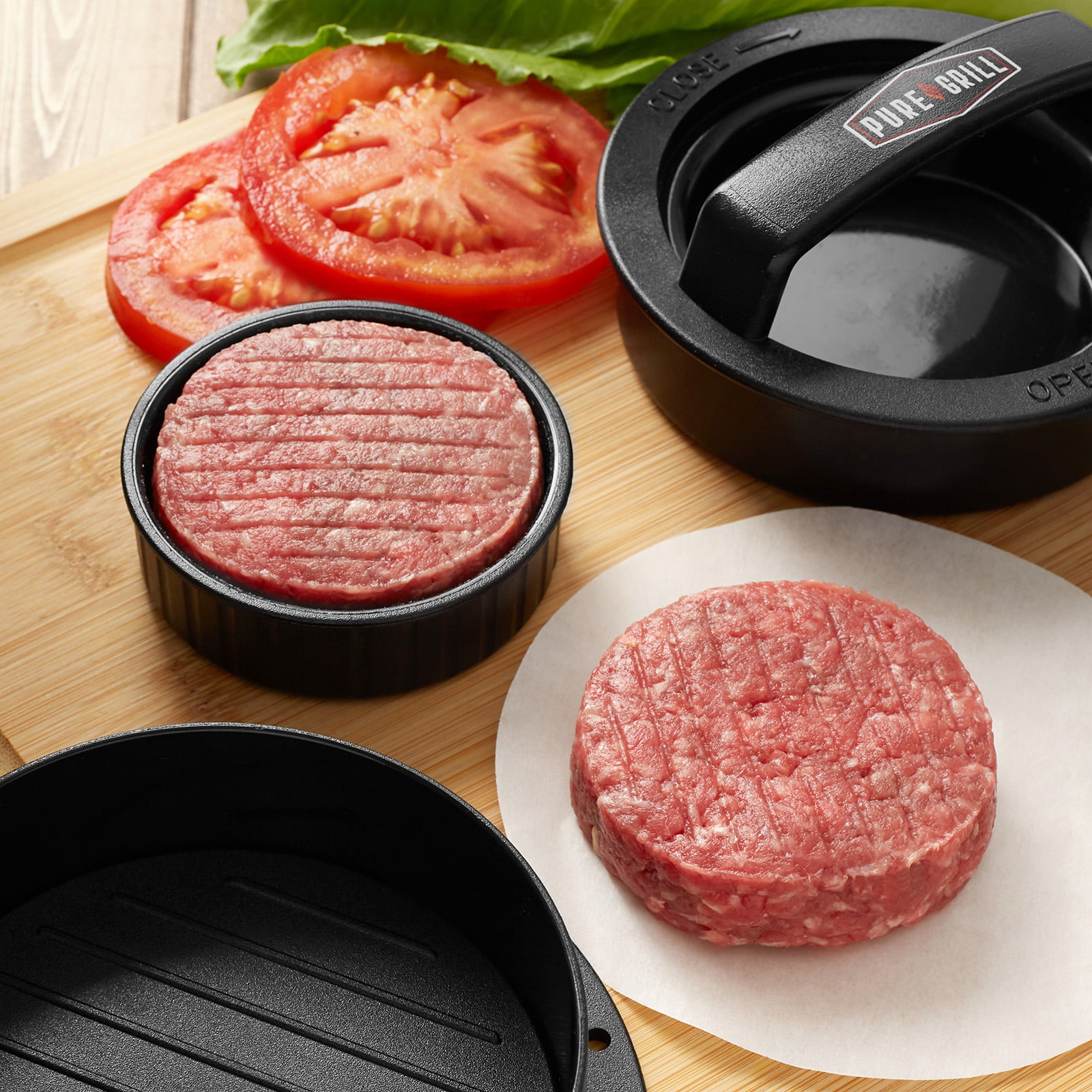 Pure Grill 3-in-1 Burger Press Patty Maker with 100 Wax Papers for BBQ  Grilling Stuffed Hamburgers, Beef Patties and Sliders