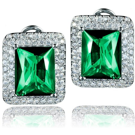 ELYA Sterling Silver Emerald Green Radiant-Cut CZ Double Halo Earrings