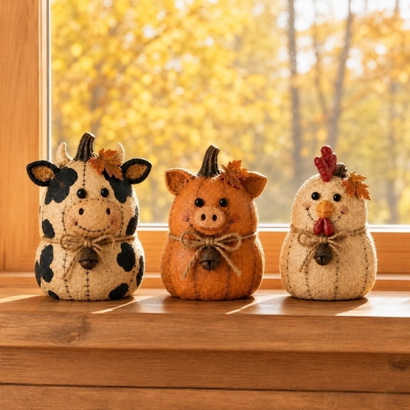 Rustic Farm Pumpkin Decoration Set- 3 Piece Fall Seasonal Ornament for Mantel Shelf Table Cozy Cottage Accent, Thanksgiving Display