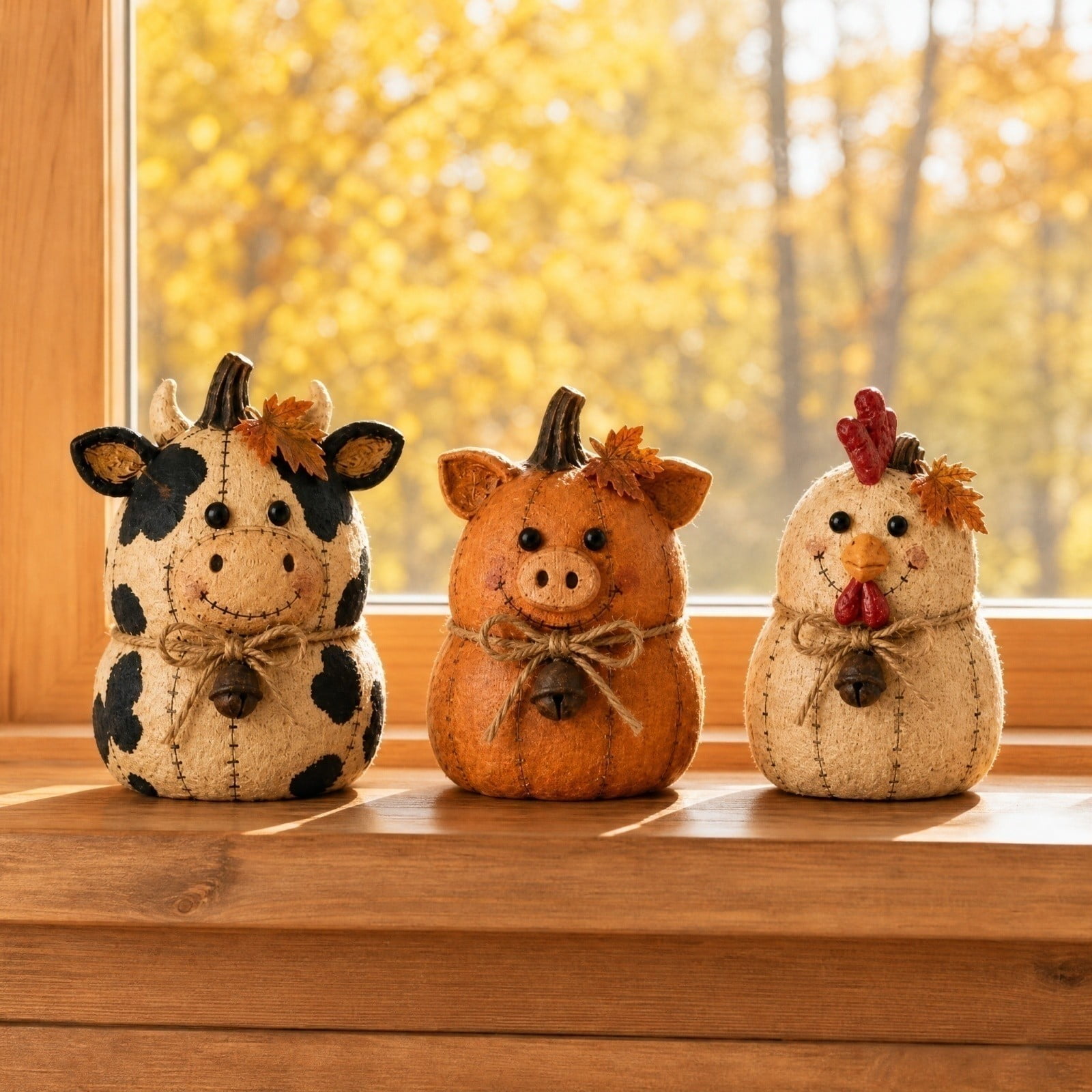 3Pcs Knitted Farm Animal Pumpkin Decor Fall Thanksgiving Tabletop Decoration Cow Pig Rooster Stuffed Figurine With Bell Maple Leaf,Rustic Farm Pumpkin Friends Decor Set，Thanksgiving Tabletop
