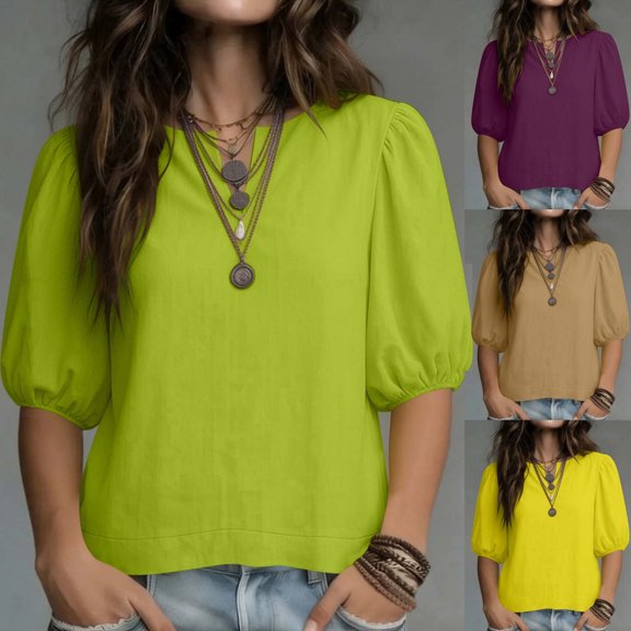 TARIENDY Summer Casual Shirts for Women Puff Sleeve Notch Neck T Shirt Loose Fit Solid Color Going Out Tops Trendy Outfits Purple XL