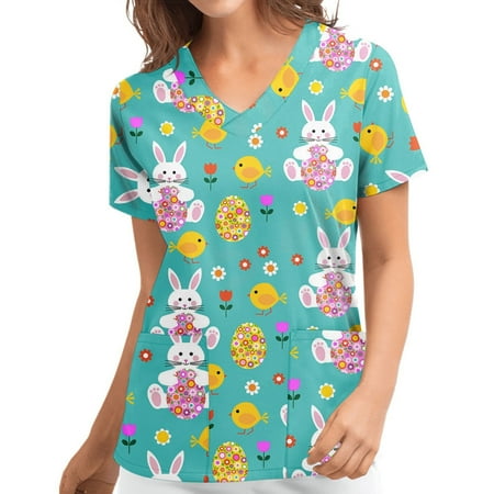 

Edvintorg Women Scrub Tops 2023 Casual Clearance Short Sleeve V-Neck Tops Uniform Easter Printed Pockets Blouse Nursing