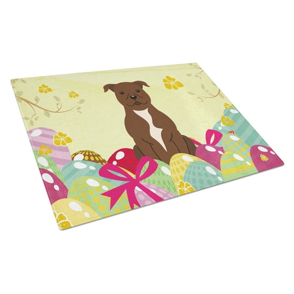 Carolines Treasures BB6048LCB Easter Eggs Staffordshire Bull Terrier Chocolate Glass Cutting Board Large, 12H x 16W,