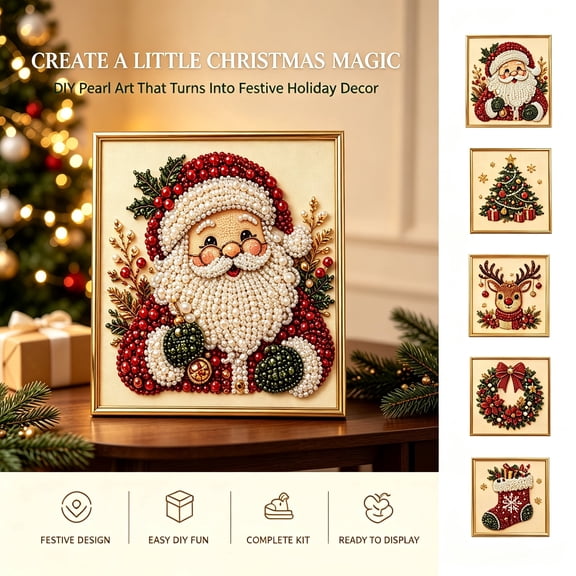 Diy Christmas Pearl Painting Art Kit with Frame, Santa Claus Christmas Pearl Beads Art Craft for Adults & Beginners, Home Wall Decor