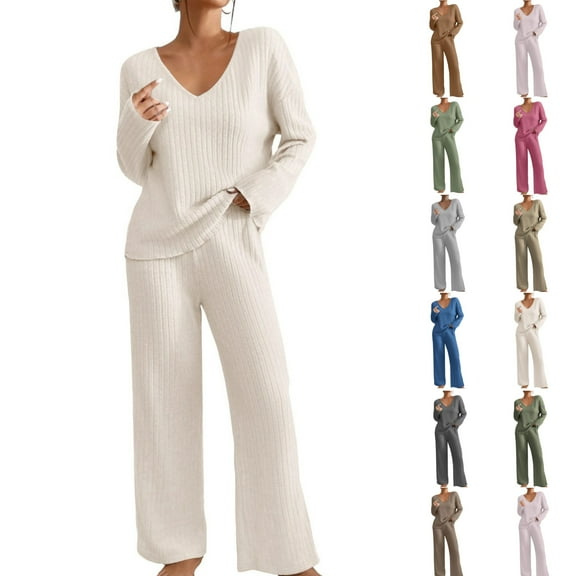 Women Sweater Sets 2 Piece Dressy V Neck Long Sleeve Knit Sweater Workout Gym Travel Matching Vacation Wide Leg Pants Sweatsuit Fall Lounge Wear