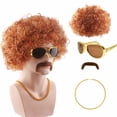 thumbnail image 1 of Set de peluca para cosplay, estilo afro, marrón, rizado, con gafas de sol y bigote, 1 of 1