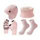 thumbnail image 1 of Bewildely Conjunto de traje cálido de terciopelo grueso de PU para mantenerse abrigado y con estilo en climas fríos. Gorro de punto cálido de Decoración del hogar rosa, 1 of 6