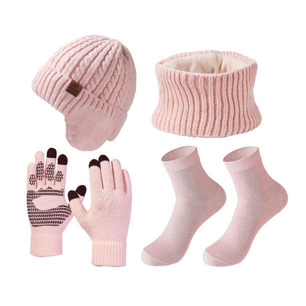 Bewildely Conjunto de traje cálido de terciopelo grueso de PU para mantenerse abrigado y con estilo en climas fríos. Gorro de punto cálido de Decoración del hogar rosa