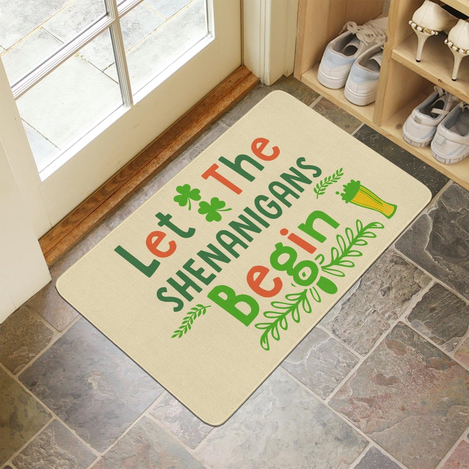 St.Patrick''s Day Doormat Let The Shenanigans Begin Rug Indoor and Outdoor Front Entrance Door Mat Home Decor with Rubber Backing, 30" X 17"
