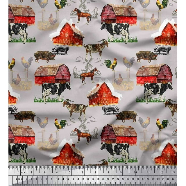 Soimoi Gray polyester Crepe Fabric Barn & Pet Animals Farm Printed Craft Fabric by the Yard 52 Inch Wide