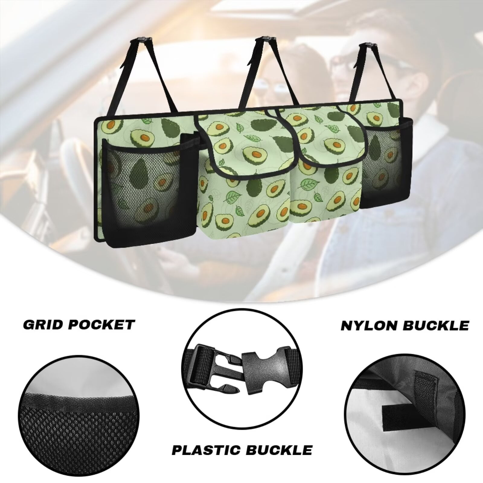 KUIFORTI Trunk Organizer for Car Women Green Avocado Backseat Car Organizer(37.01"*11.8"), Adjustable Car Back Seat Organizer with 4 Pockets, Oxford Cloth Car Organizers Storage Bag for SUV/MPV/Truck