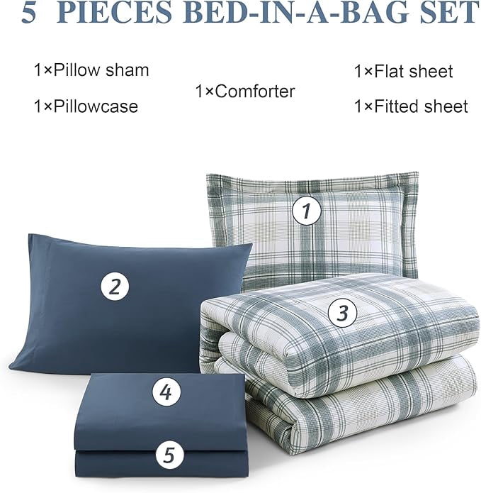 Catami Reversible Checkered Design 5-piece Bed in a Bag Comforter Set with Sheets,Blue Grey,Twin XL