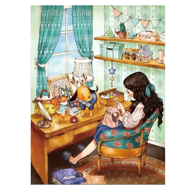 Hilo Algodón Ecológico 11CT Impresión 3 Hebras Hecha A Mano para Niña Kit Serie Personajes Dibujos Animados Punto Cruz 52x71cm (DX1044)
