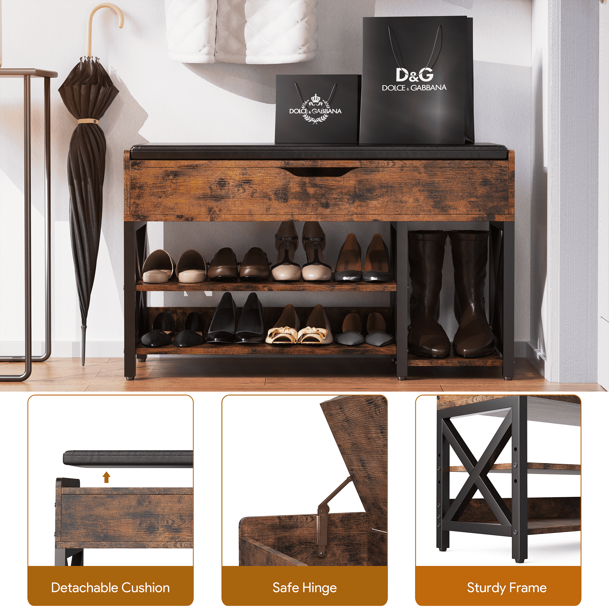 Shoe Bench, Lift Top Shoe Storage Bench, Adjustable Shelf Entryway Bench, Metal and Wood Shoe Rack Organizer with Cushion for Entry, Bedroom, Closet, Living Room, Hallway (Brown, 39.5“W)