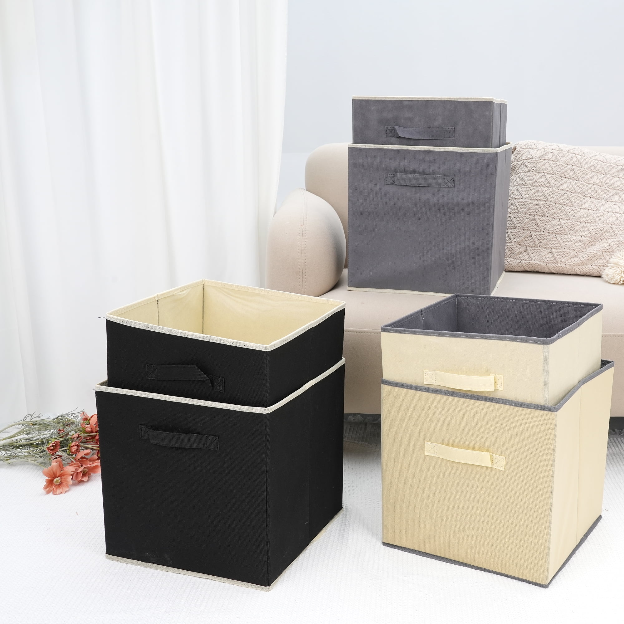 Unique Bargains 3 Pcs Square Fabric Collapsible Storage Basket Bin with Handle Grey S