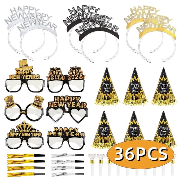 New Year's Eve Party Supplies Decoration 2026 Headband Tiaras Hats Glasses Cheers Accessories Kit Black Gold Silver Party Favors 36PCS Set 1