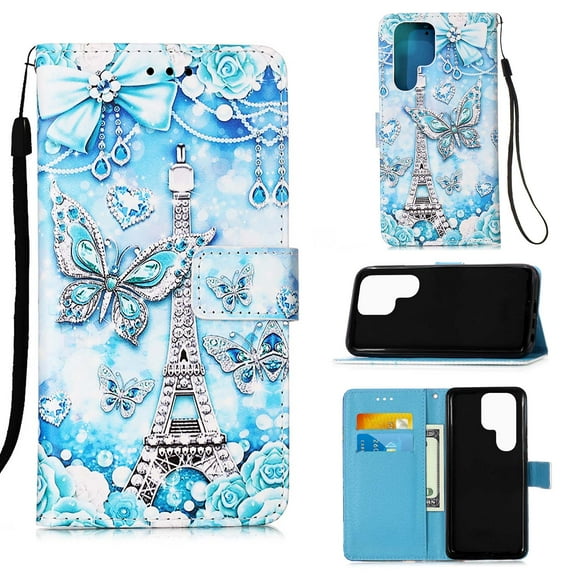For Samsung Galaxy S22 Ultra Case, Mantto Patterned With Hand Rope Strap Cute Painted Flip Card Wallet Slots Case,Kickstand Phone Skin For Samsung Galaxy S22 Ultra 5G, Tower Butterfly