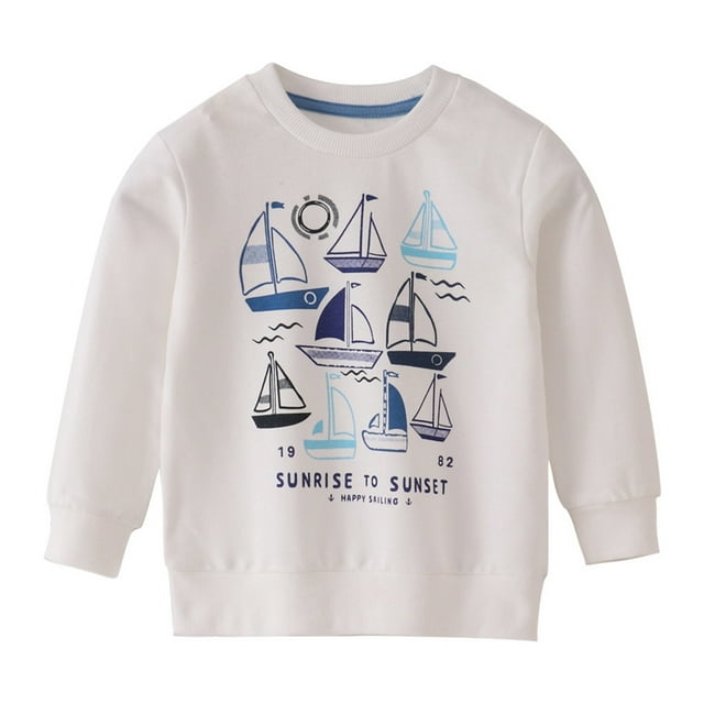 WEIYLL Chandail à Capuche pour Garçons Col Rond Manches Longues Chandail avec Imprimé Confortable Printemps Blanc Graphique Automne Chandails en Molleton pour 6-7 Ans