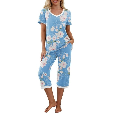 

CenturyX Women s Pajama Set Short Sleeve V Neck T-shirt and Capri Pants Sleepwear Lounge Suits Light Blue L