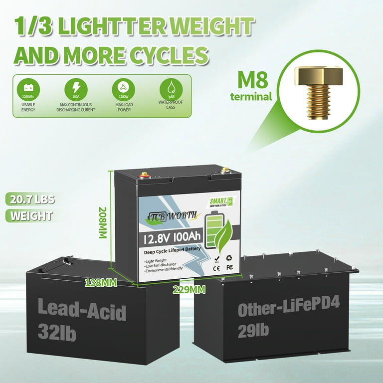 TCBWORTH 12V 100Ah LiFePO4 Battery, Bluetooth Monitoring