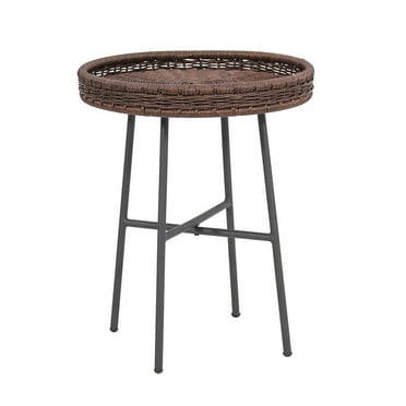 Abble Indoor Outdoor Side Tables, Wicker Small Round Metal End Table, Weather Resistant Rattan Accent Table for Patio, Yard, Balcony, Dark Brown