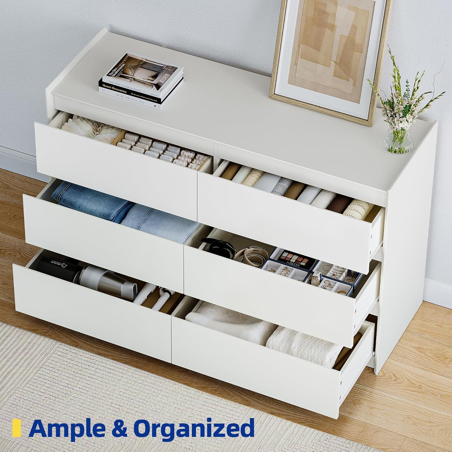 White Dresser for Bedroom, 47" Wide Chest of Drawers, Modern 6 Drawer Storage Organizer for Closet, Hallway, or Living Room
