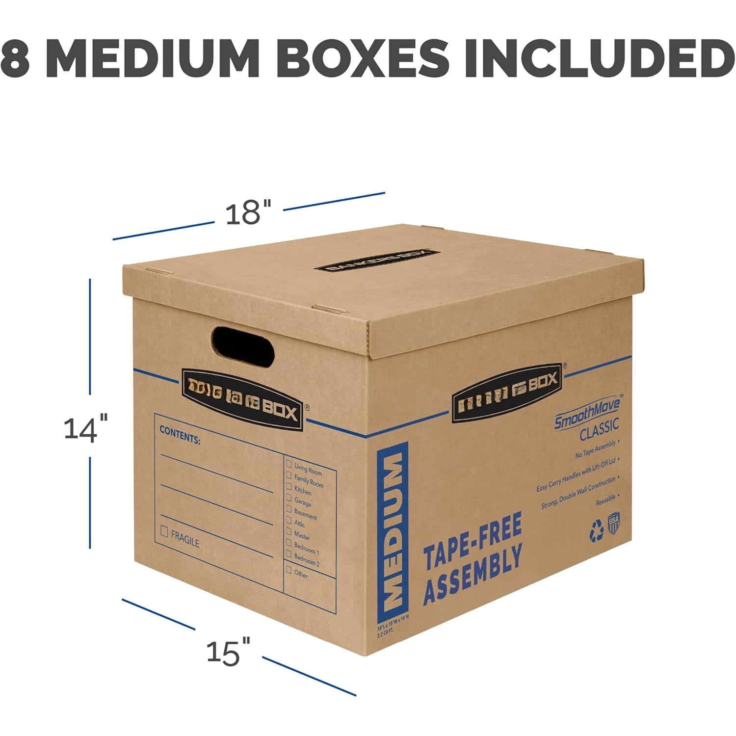 Medium Classic Moving Box 8 Pack, Reinforced Handles, Tape-Free Assembly, Box with Lid