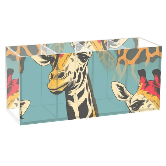 Cartoon Giraffes Acrylic Pen Holder Cup 4 Compartments Clear Pencil Organizer Makeup Brush Holder Storage for Office Desktop Dorm