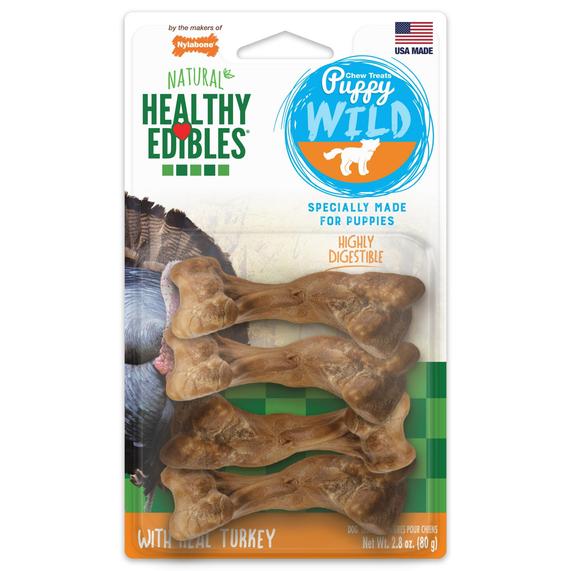 Nylabone Healthy Edibles Wild Dog Treats for Puppies, Puppy Training Treats, Turkey Flavor Dog Bones, Small - Up to 30 lbs. (4 Count)