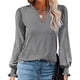 thumbnail image 2 of Blusa con volantes, manga abullonada, cuello en V, manga larga, color puro, tops de moda para mujer, 2 of 6