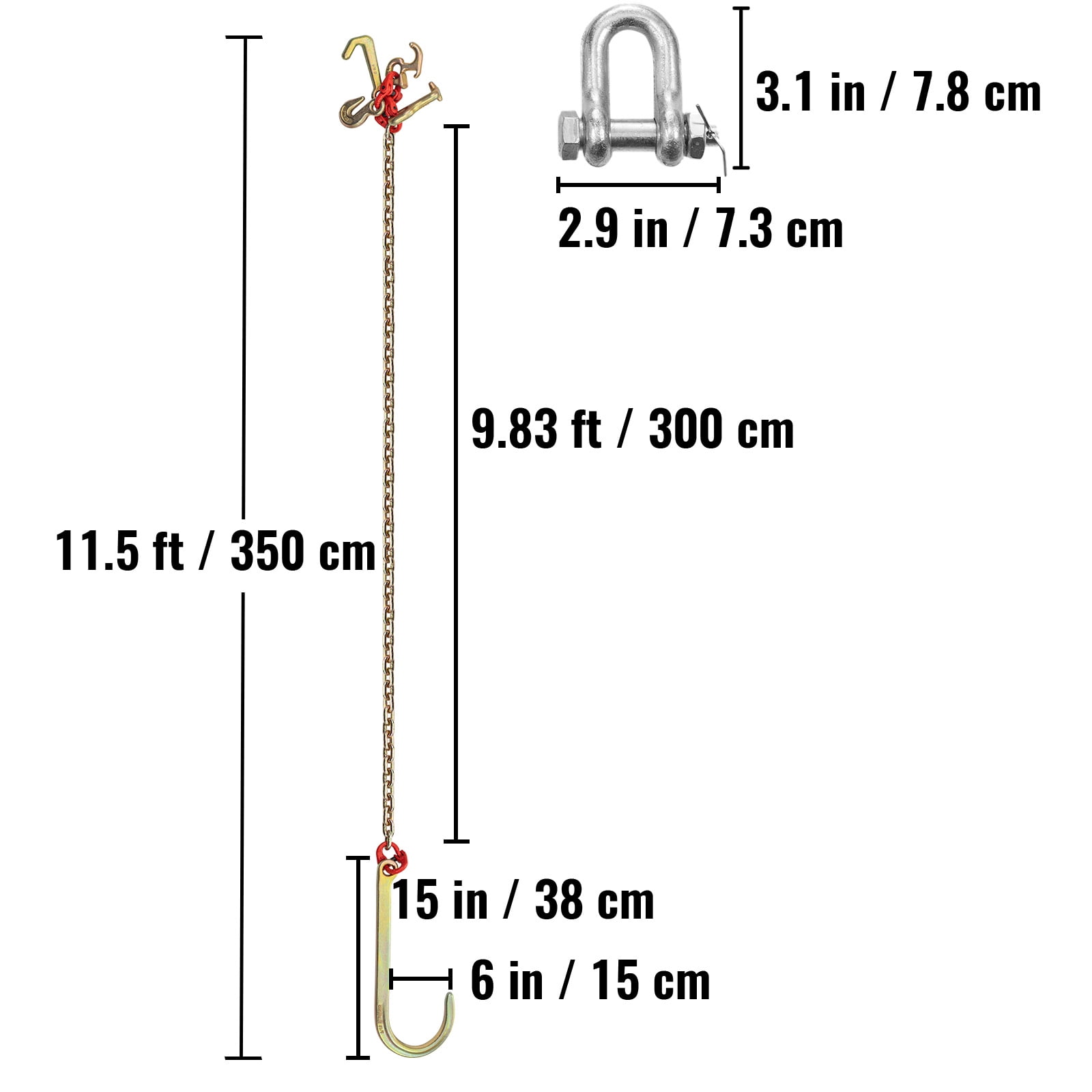 KFFKFF J Hook Chain, 5/16 in x 10 ft Bridle Tow Chain, Grade 80 Bridle Transport Chain, Alloy Steel Chain with 2 J Hooks, 9260 Lbs Break Strength Tow Hooks for Trucks, J Hooks Towing Straps 2PCS