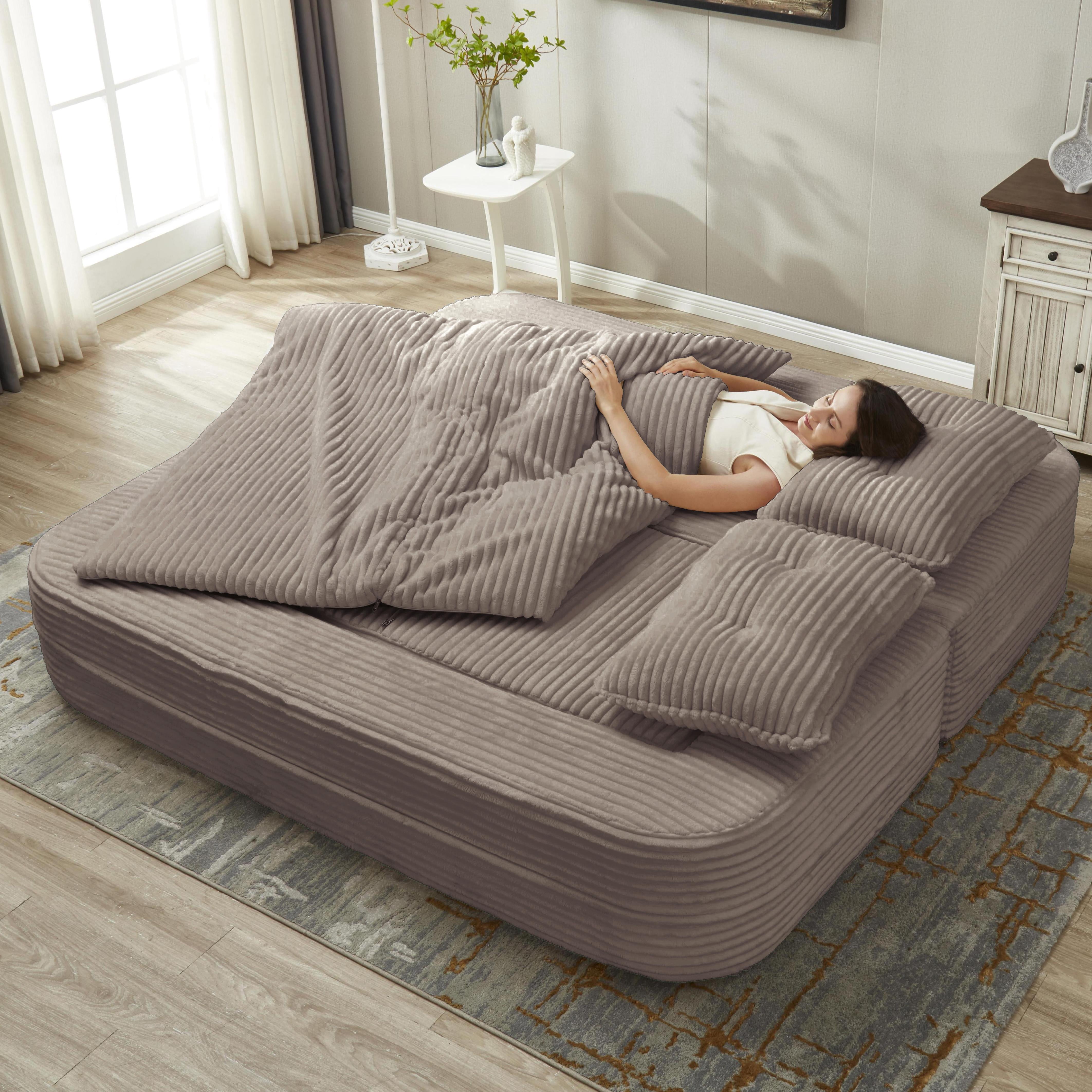Anpport 80" King Size Convertible Sectional Sofa Bed, Plush Corduroy Deep Seat Couch with Chaise Lounge and Blanket, for Living Room Apartment, Coffee