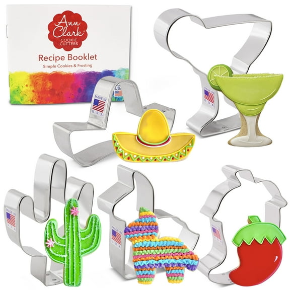 Cinco de Mayo Cookie Cutters 5-Pc Set Made in USA by Ann Clark, Pinata, Sombrero, Margarita Glass, Chili Pepper, and Cactus
