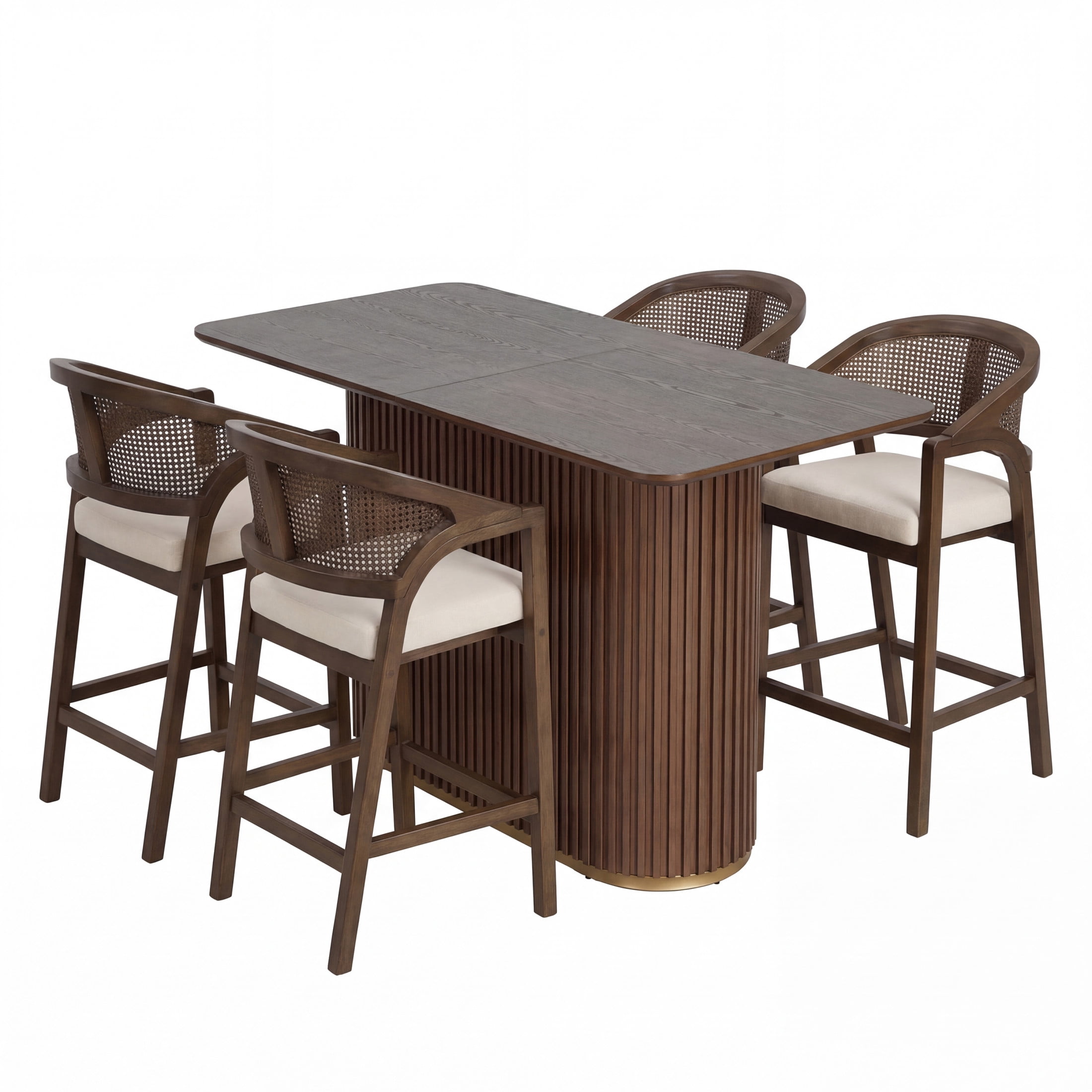Christopher Knight Home 5-Piece Mid Century Counter Height Dining Set, Rattan Back, Seats 4, Walnut
