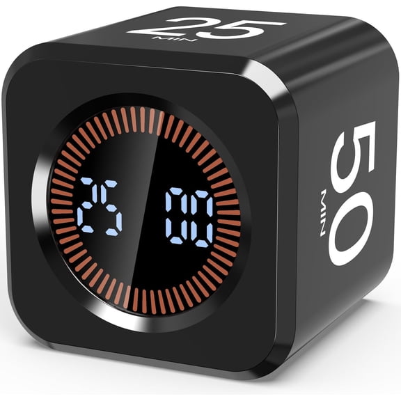 Digital Pomodoro Timer Cube 5/10/25/50min, Visual Productivity Flip Timer for Kids Classroom Desk, Custom Countdown, Silent and Sound Mode for ADHD Study Work Game Kitche(Black)