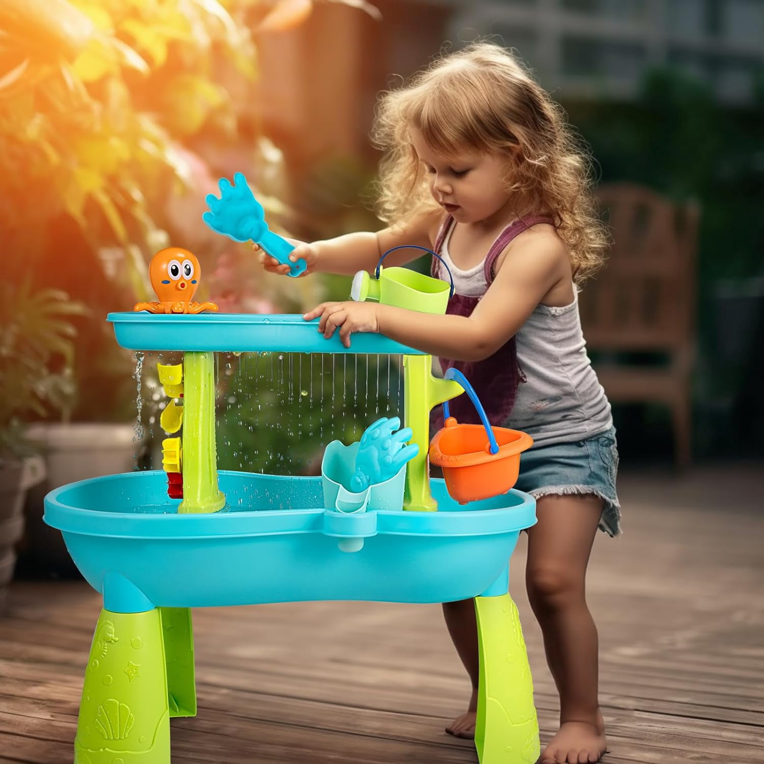 Water Tables For Toddlers, 2 In 1 Sand And Water Tables For Kids, Rain Showers Pond Water Sensory Tables Summer Outside Toys With 12 Piece Colorful Accessories, Gift For Boys Girls Kids Age 1-3 3-5