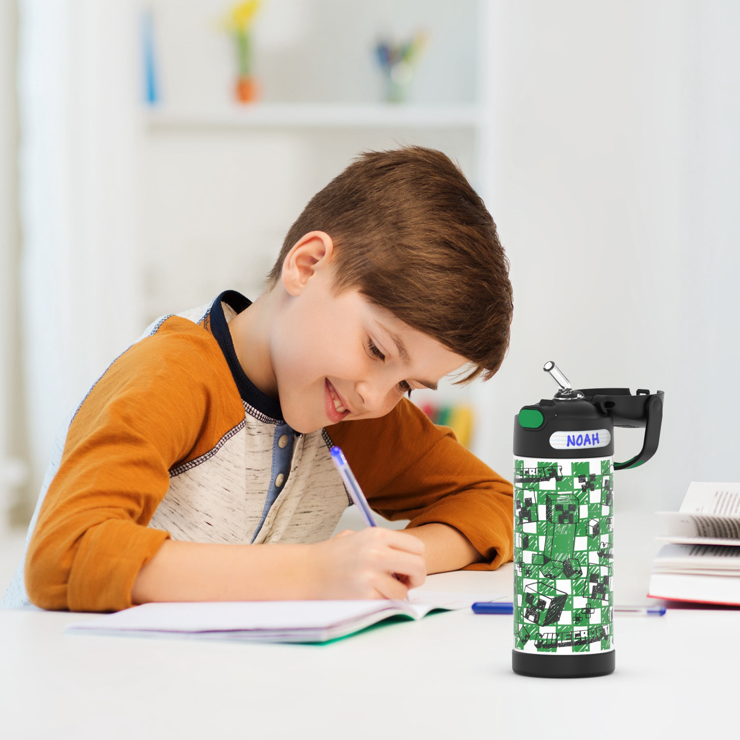 Thermos Kids Stainless Steel Funtainer Water Bottle with Straw, Dishwasher Safe, Leak Proof, Minecraft, 14 Fluid Ounces