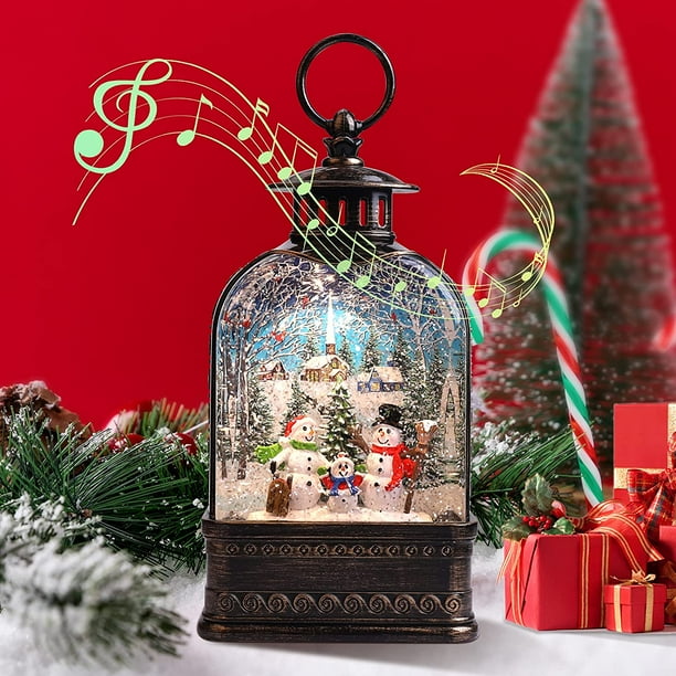 Christmas Snow Globe Lantern Musical Snow Globes Christmas with Music Christmas Water Lantern Glitter Lantern Christmas Snowman Family 6H Timer USB AA