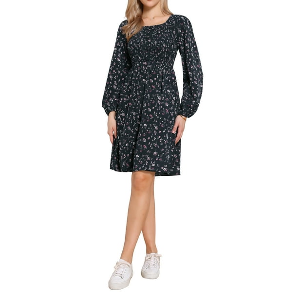 INSPIRE CHIC Vestidos de Cuello Cuadrado para Mujeres, Vestido Midi con Mangas Largas y Flores, S Azul Oscuro