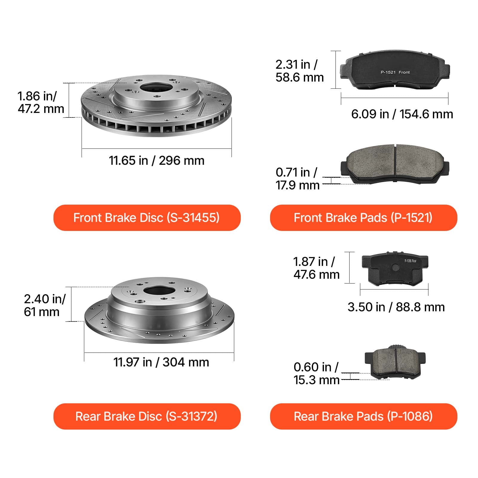 KFFKFF Front and Rear Brake Kit Compatible with 2012-2016 Honda CR-V (AWD), Cast Iron Drilled and Slotted Rotors, Ceramic Brake Pads Replacement Set, 11.65-inch Front Rotors and 12-inch Rear Rotors