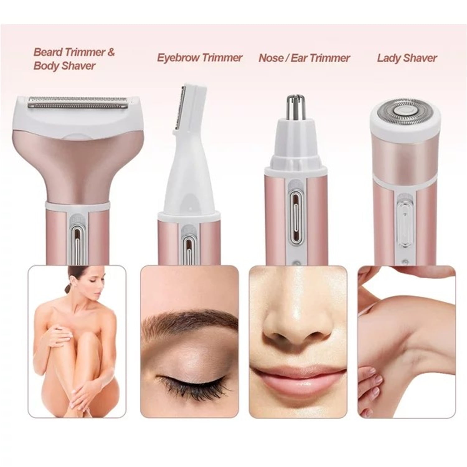 Cordless Electric Lady Shaver,4 in 1 Woman Facial Epilators, Rechargeable Epilator Lady Hair Painless Shaver,Hair Removerfor Face & Body Hair Removal,Eyebrow Trimmer,Armpit, Bikini and Leg(Rose Gold)