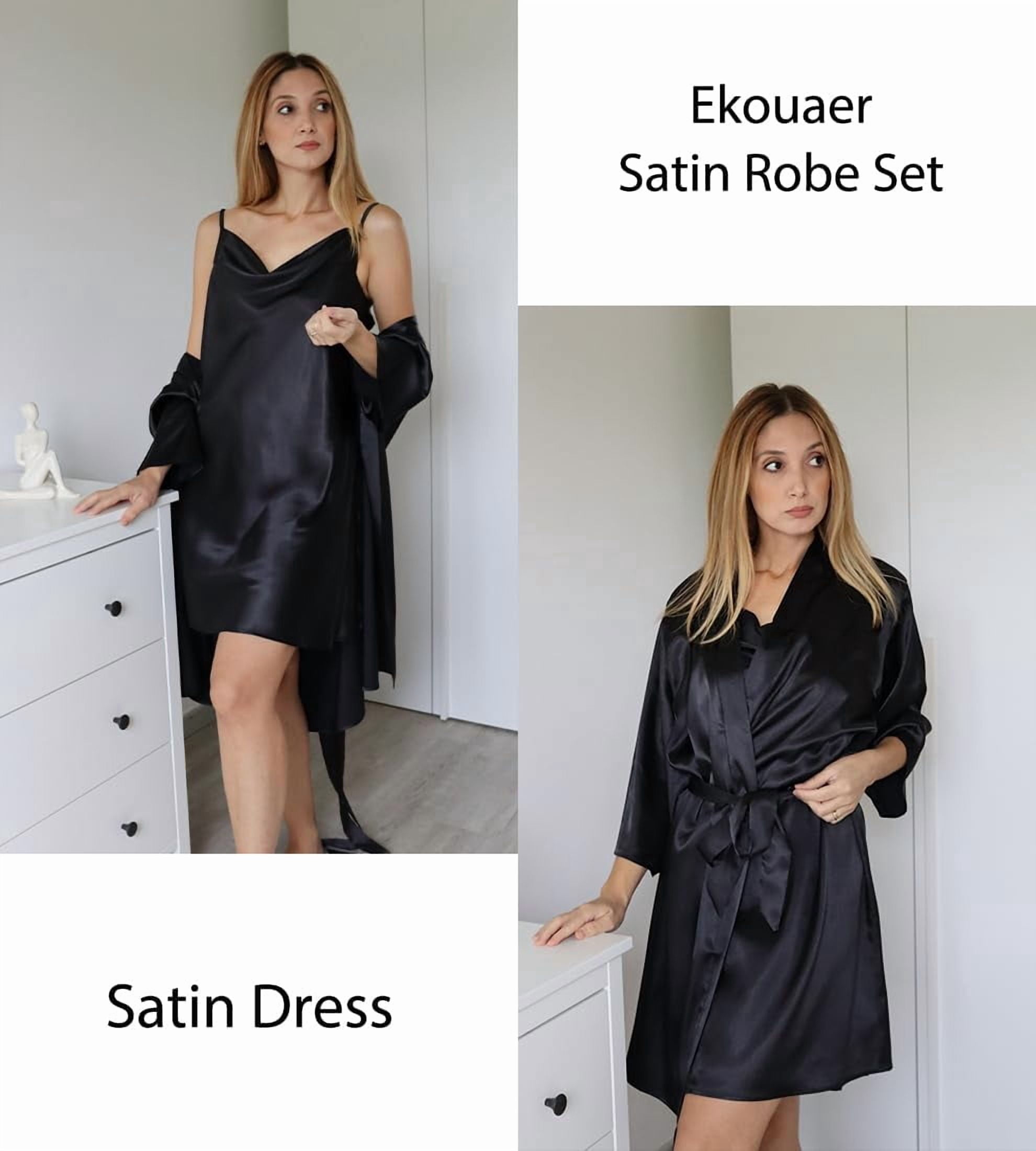 Ekouaer Women's Satin Robe Set Nightgown with Robes Silk Pajama Set 2 Pieces Lingerie Cowl Neck Cami Sleepwear Sets