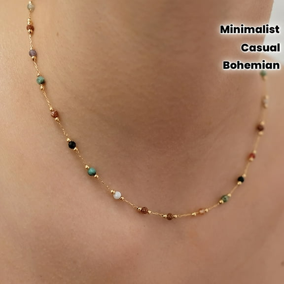 JUSIP Women's Stainless Steel Handmade Bohemian Minimalist Layered Necklace with Random Multicolor Natural Gemstone Beads - Everyday Jewelry Gift for Carnival, Year-Round Wear, Cute Necklace