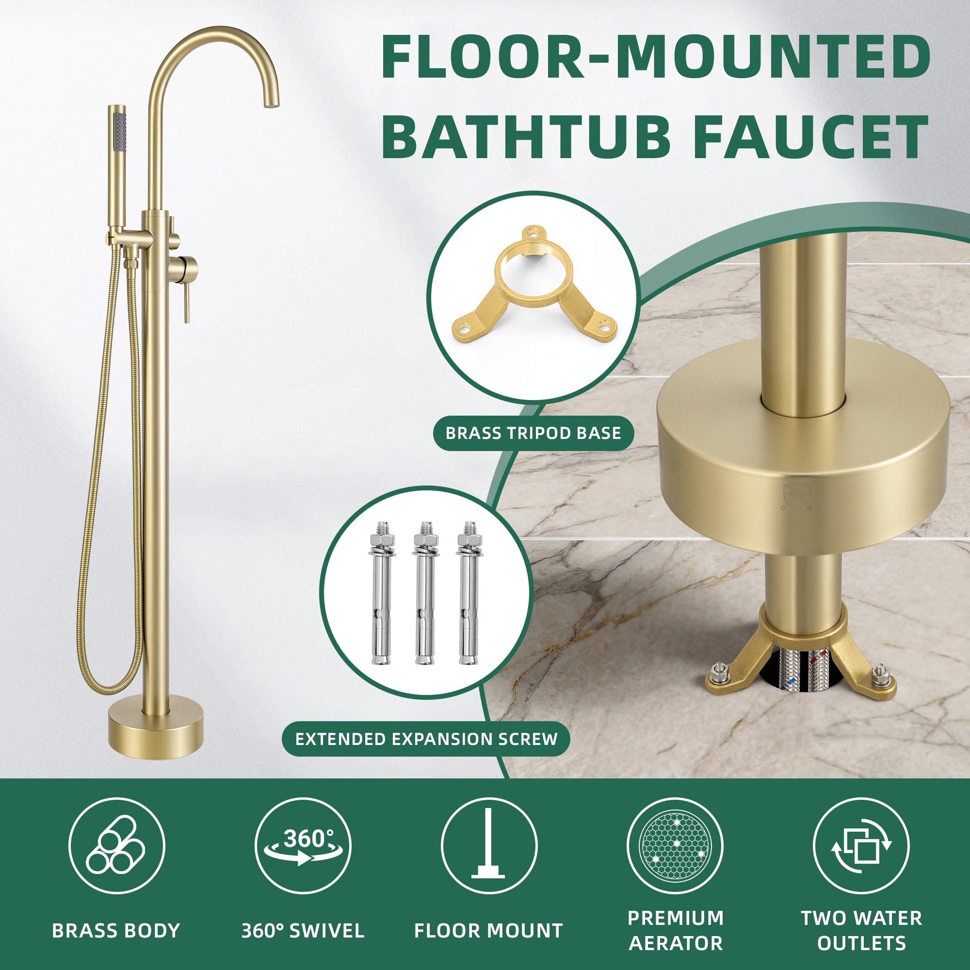 Free Standing Tub Faucet, High Flow Freestanding Bathtub Faucet with Handheld Shower & Gooseneck Spout, 360°Swivel Tub Filler, Brass Body, Brushed Gold