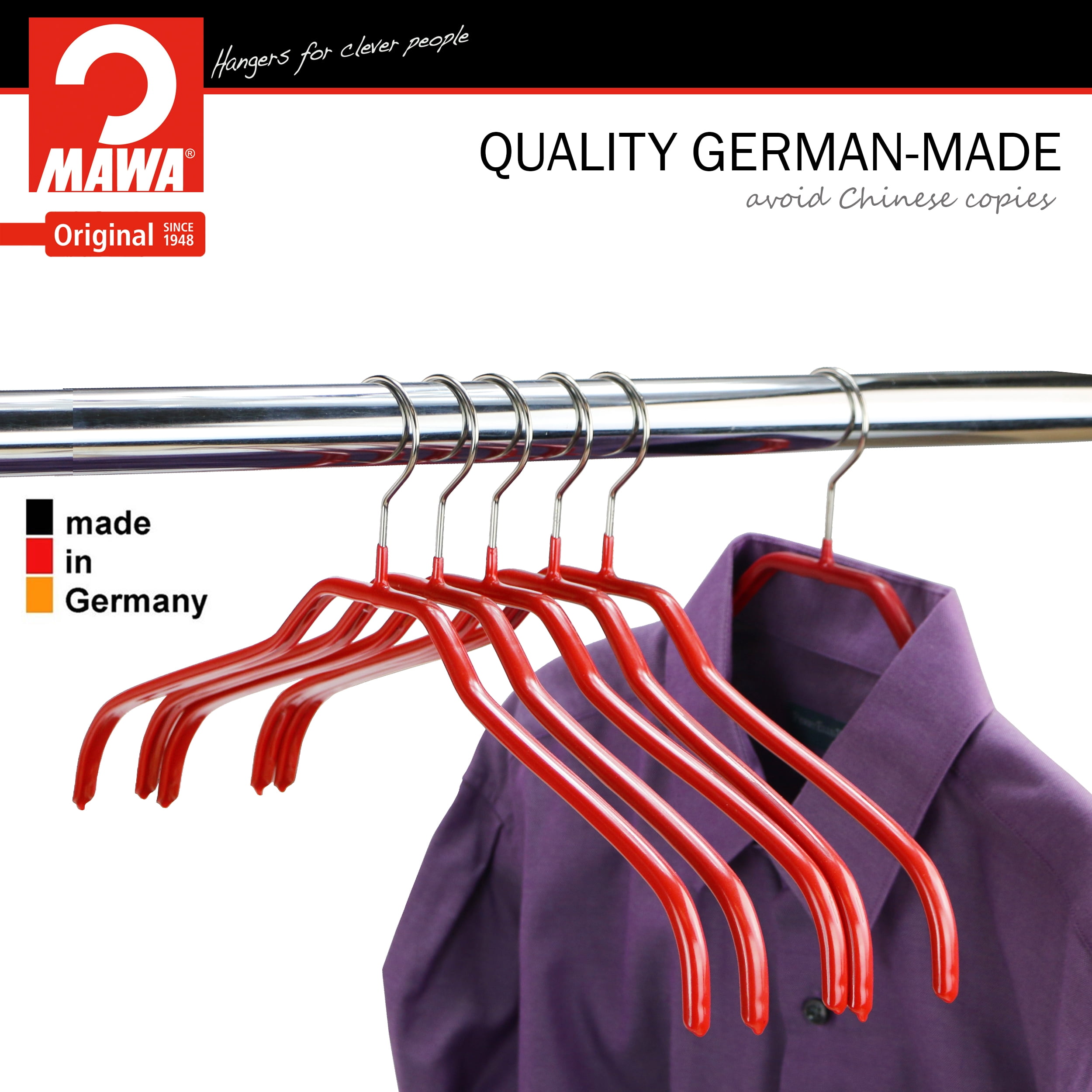 Mawa by Reston Lloyd Silhouette Series Non-Slip Space Saving Clothes Hanger for Shirts and Dresses, Style 41/F, Set of 12, Red