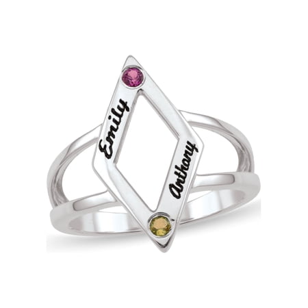 Personalized Diamond Shaped Engravable Couple's Birthstone Ring in Sterling Silver by Jewlster