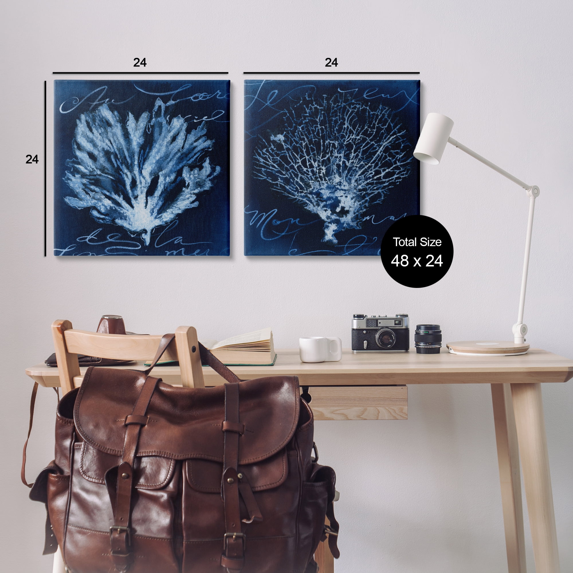 Stupell Industries Dark Blue Coral Pieces Nautical & Beach Painting Wrapped Canvas Art Print Wall Art, 24 x 24, Set of 2