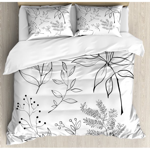 Botanical Duvet Cover Set Queen Size, Handdrawn Sketched Botanical